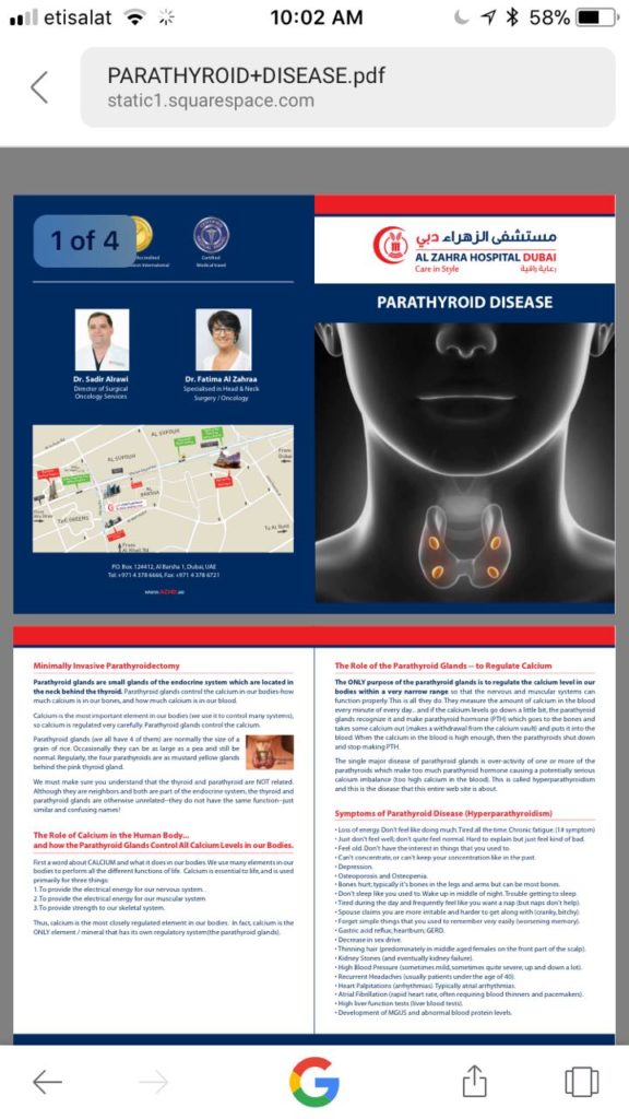 Booklet of parathyroid surgery from Alzahra thyroid Center in Dubai, in the heart of Middle East lead by Dr Sadir Alrawi AMERICAN boarded, minimal invasive thyroid surgery, no drain, same day discharge, with intraoperative Nims, alzahra thyroid center Dubai UAE August 2018